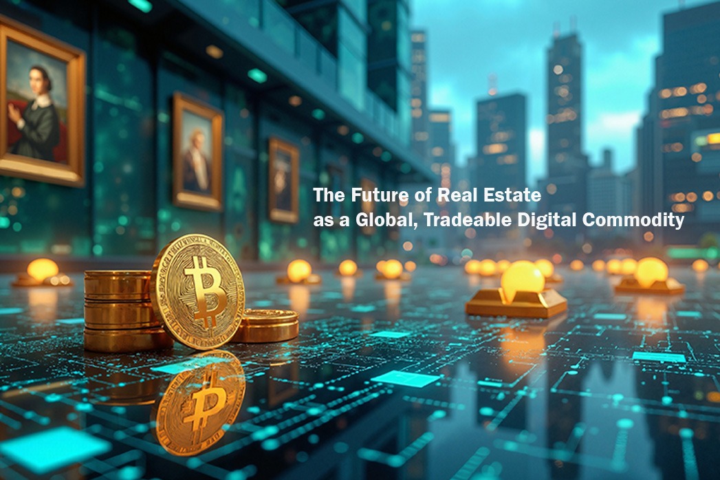 Futuristic Blockchain Technology Visualizing Asset Tokenization for Real Estate, Art, and Commodities in a High-Tech Digital Landscape.