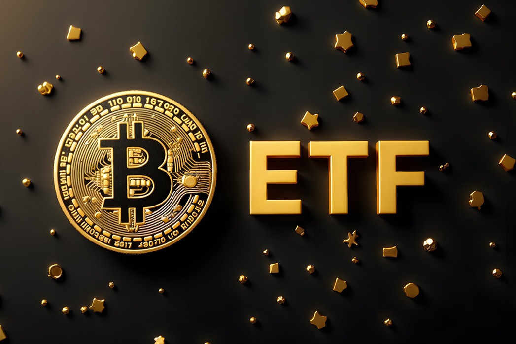 Bitcoin ETF concept with golden cryptocurrency coin on dark background.