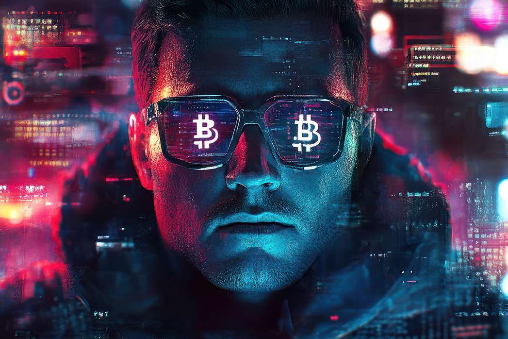 man software engineer cyberpunk crypto market bitcoin trading bitcoin logo glasses.