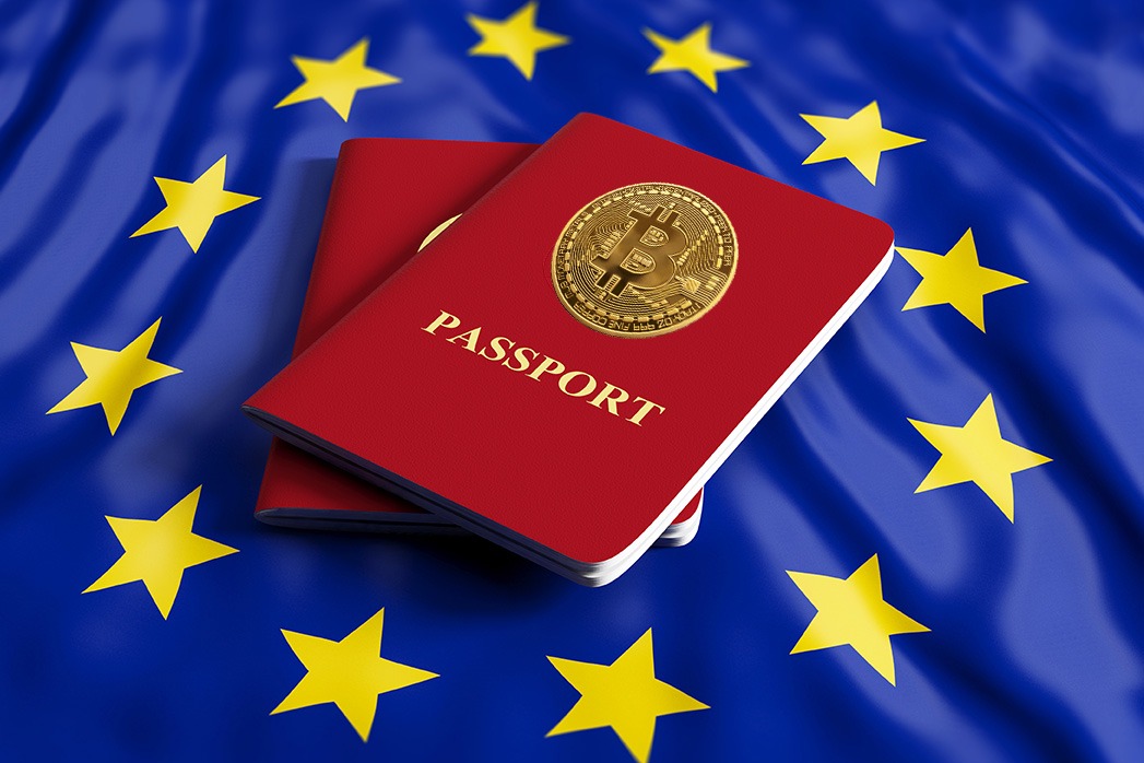 Two red Bitcoin passports on a European Union flag background, featuring MiCA.