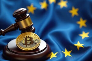 Gavel Bitcoin on European flag. Legal framework, blockchain regulation concept, finance, law, international trade, governance in EU. Digital cryptocurrency, crypto, asset, market, stock exchange.
