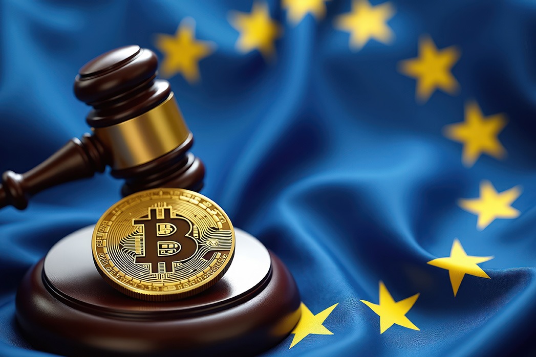 Gavel Bitcoin on European flag. Legal framework, blockchain regulation concept, finance, law, international trade, governance in EU. Digital cryptocurrency, crypto, asset, market, stock exchange.