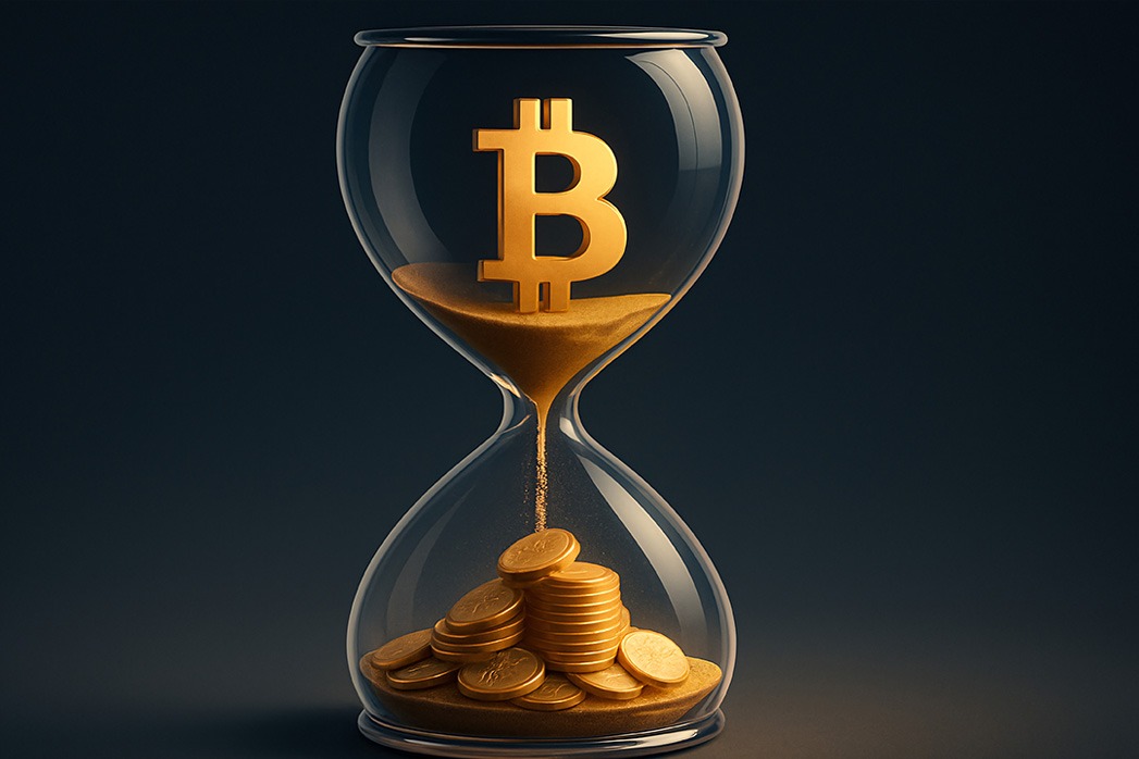 An hourglass filled with gold coins and a Bitcoin symbol, representing the intersection of time, wealth, and cryptocurrency.