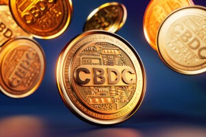 CBDC Central Bank Digital Currency golden digital coins with futuristic, tech-inspired design in 3D illustration.