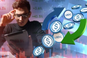 Man crypto investor. Guy with tablet is studying USDC tech. Crypto investor exchanges fiat dollar for USDC. Man trader uses USDC stablecoin. Electronic American dollar USD. Stablecoin, blockchain.