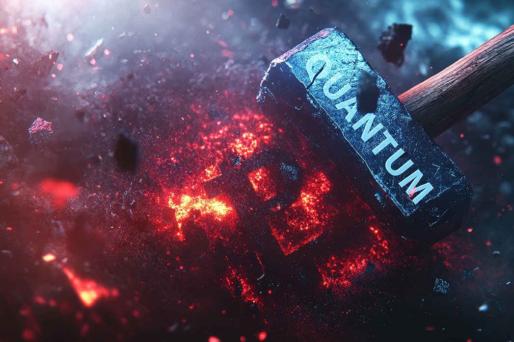 Quantum technology hammer crushing the Bitcoin symbolising a cryptocurrency security threat.