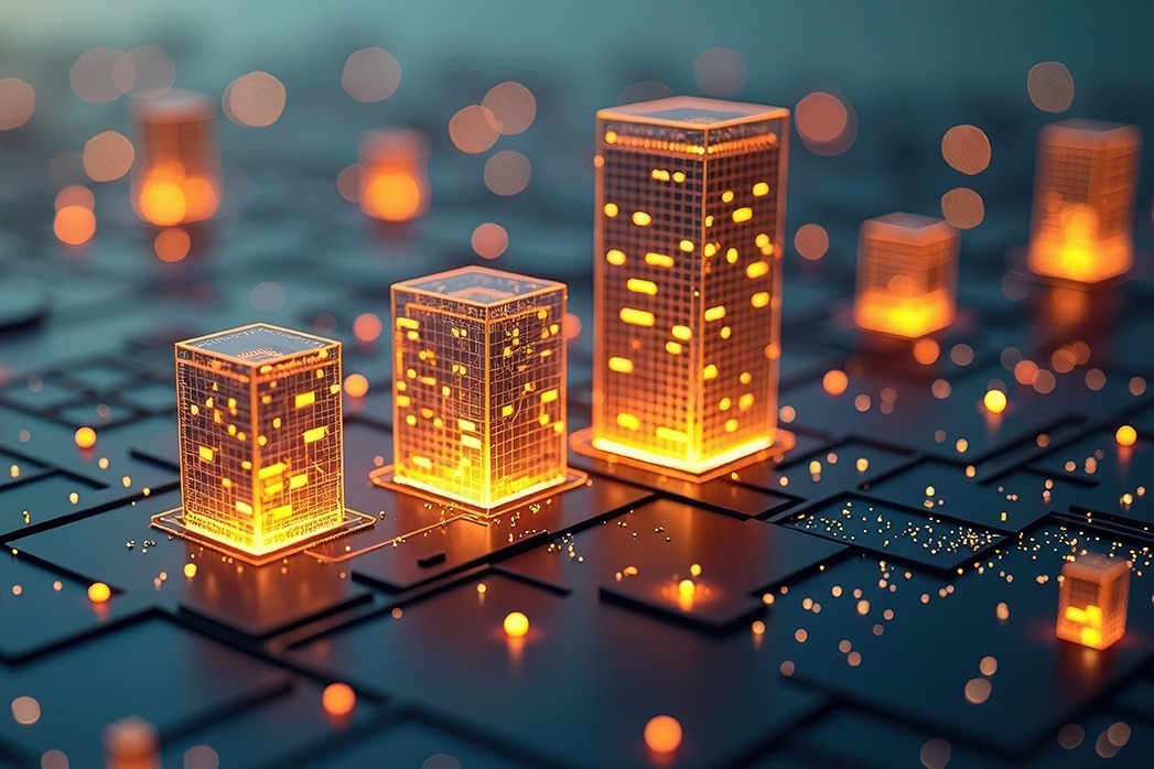 Tokenized Real Estate Background with Glowing Cityscape, Digital Property Blocks Represented, Blockchain-Based Assets.