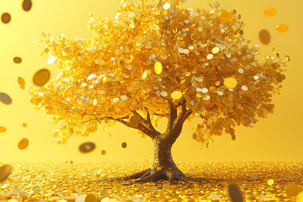 3D illustration of a golden tree with scattered coins on a yellow background.