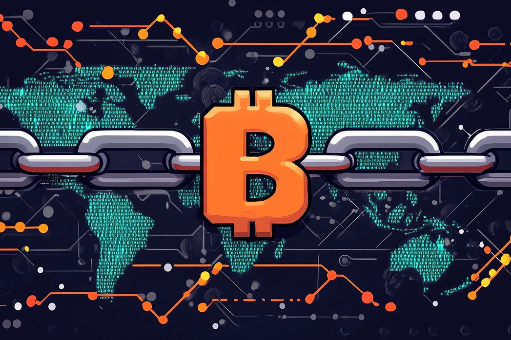 Global Compliance Connection Through Blockchain, world map with a blockchain bridge arching across continents, each block engraved with digital security and compliance symbols.