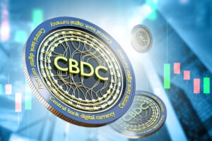 CBDC money. Background with blockchain coins. CBDC coins near financial chart. Central bank digital currency. State blockchain money. CBDC coins among skyscrapers.