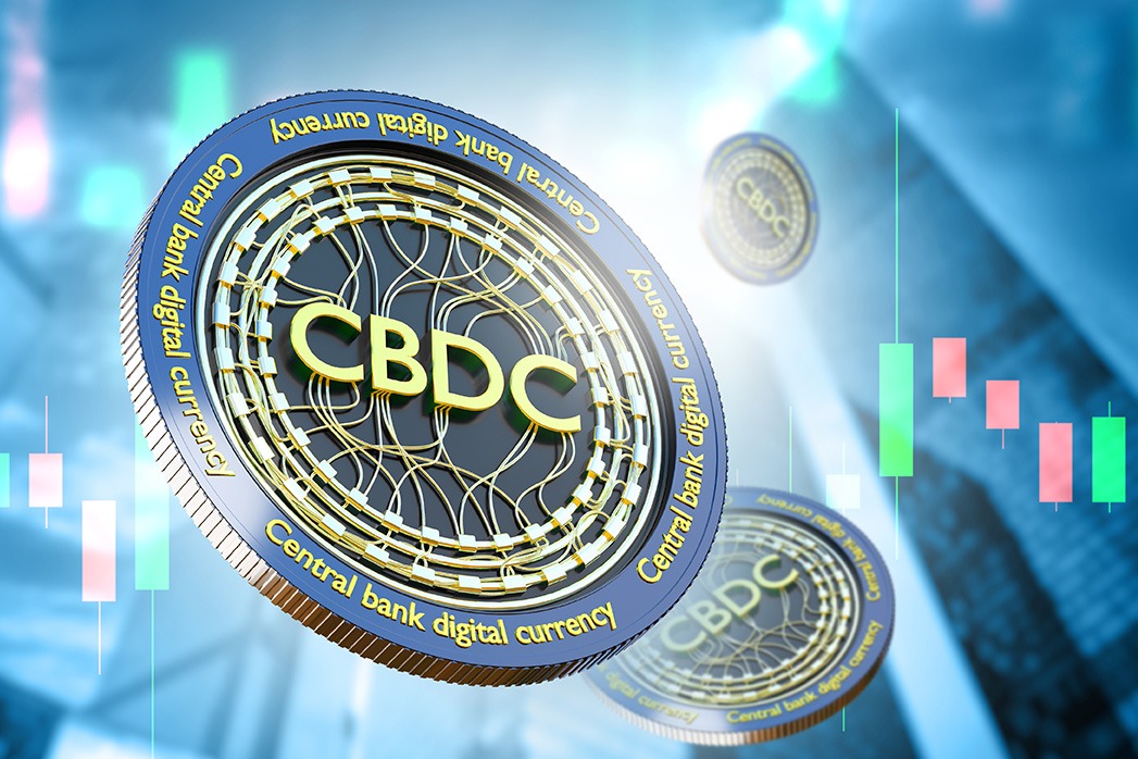 CBDC money. Background with blockchain coins. CBDC coins near financial chart. Central bank digital currency. State blockchain money. CBDC coins among skyscrapers.