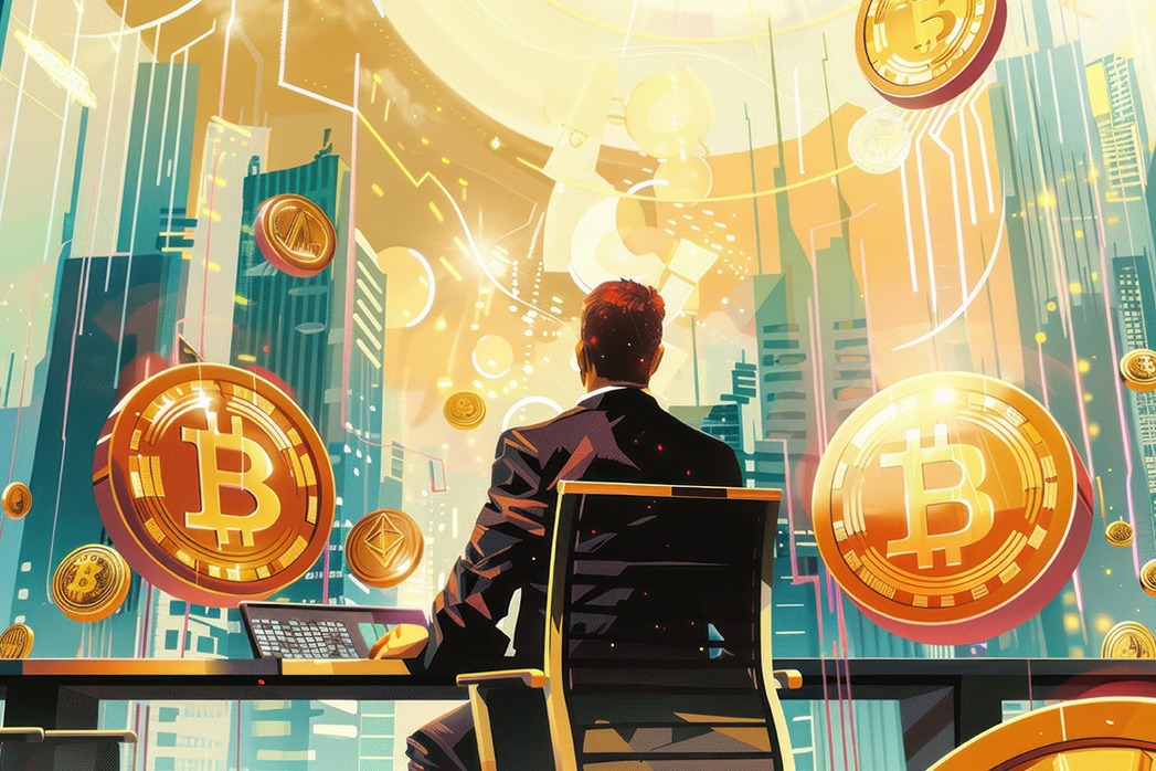 A financial advisor discussing the future of wealth and blockchain, focusing on cryptocurrency investments and tokenized assets.