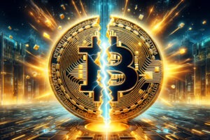 BTC halving 2024 illustrated by breaking Bitcoin, depicting the end and halving concept.