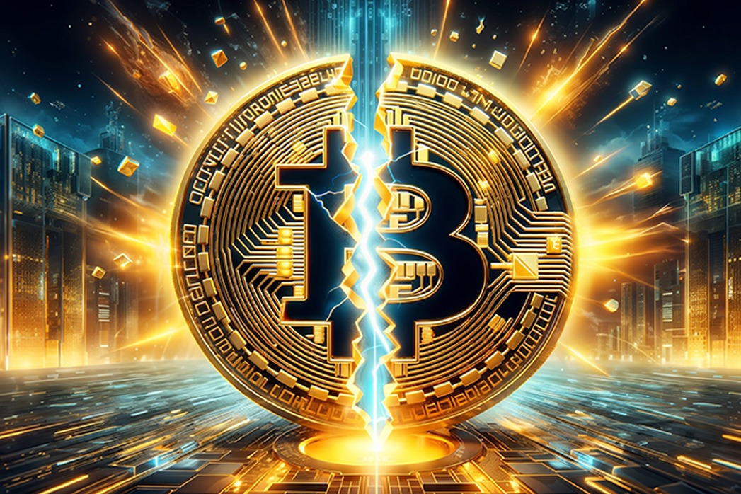 BTC halving 2024 illustrated by breaking Bitcoin, depicting the end and halving concept.