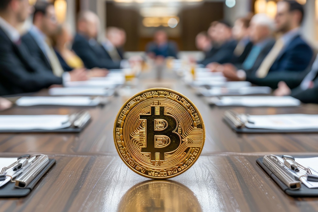 Golden Bitcoin on Conference Table with Blurred Business People Background in Corporate Meeting Room