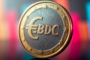 Digital Euro Payment System - Bimetallic CBDC Coin With Gold Rim And Silver Centre Against Colourful Cinematic Background.