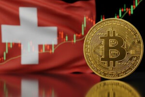 A bitcoin coin with a Swiss flag and a stock chart in the background indicating cryptocurrency in Switzerland.