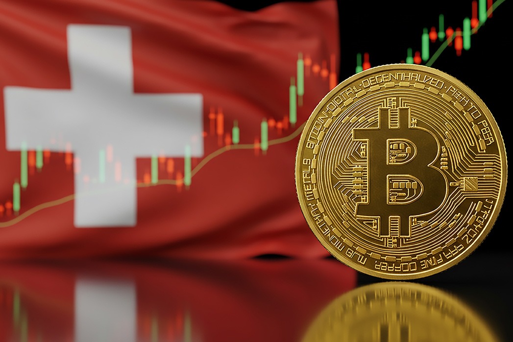A bitcoin coin with a Swiss flag and a stock chart in the background indicating cryptocurrency in Switzerland.