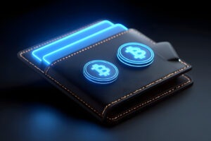 Sleek and modern digital wallet with glowing cryptocurrency icons, representing the future of secure digital finance and transactions.