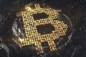 Bitcoin sign made of numbers on top of background from a large amount of square columns.