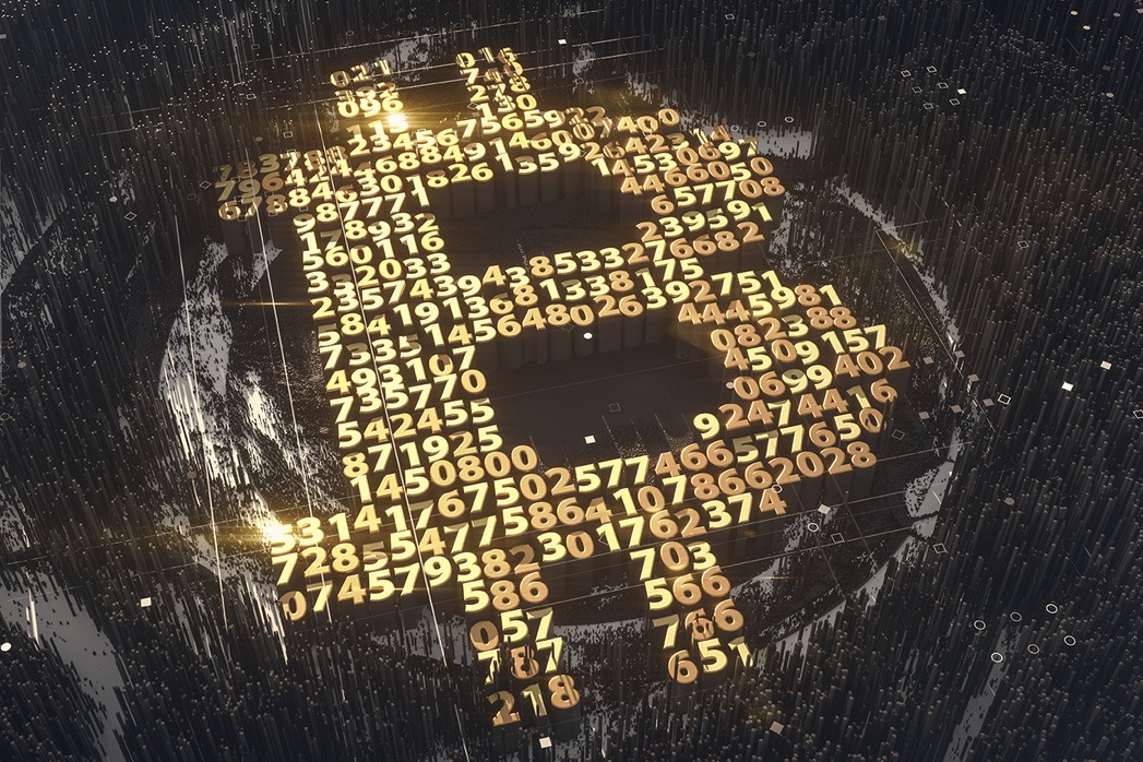 Bitcoin sign made of numbers on top of background from a large amount of square columns.
