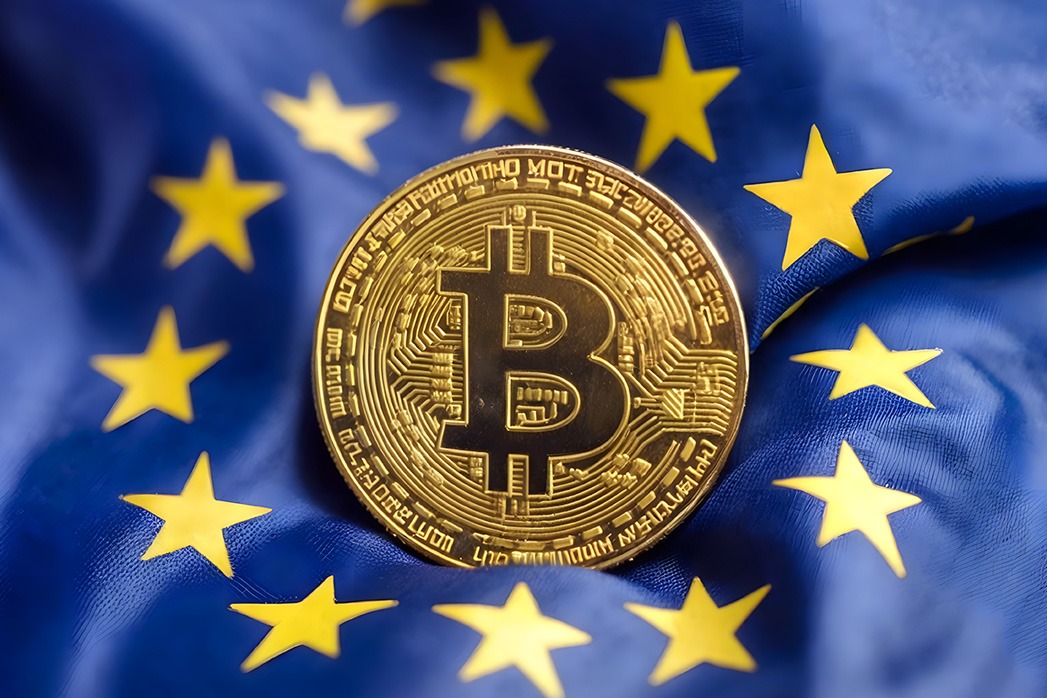European union flag and Bitcoin. Europe cryptocurrency, digital gold finance investment regulation.
