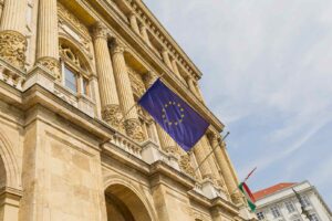 European Union flag on a façade of the building.