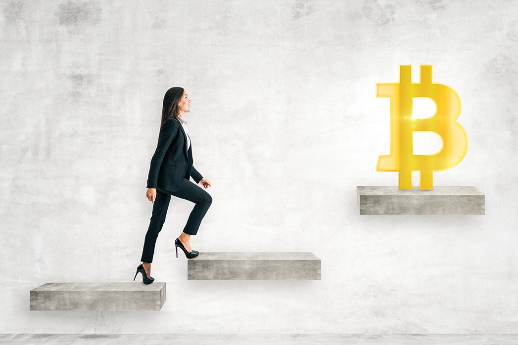 Side View Of Young Businesswoman Climbing Concrete Stairs Leading To Bitcoin.