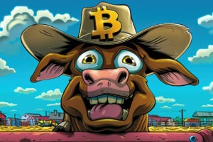 A playful cow purchases a stylish cowboy hat with Bitcoin, donning it while frolicking in the fields, its jovial expression as it tips its hat, closeup.