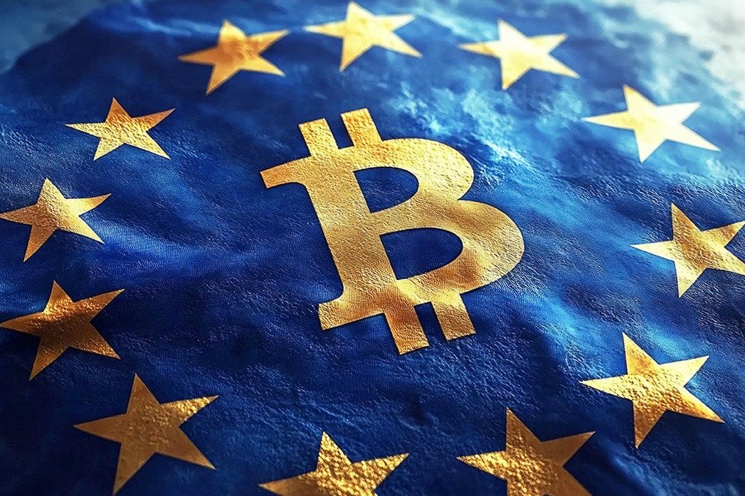 The Bitcoin symbol is placed beside the European Union flag, illustrating Europe's approach to cryptocurrency regulation, legalisation, and trade.