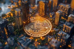 Digital currency concept featuring a bitcoin against a background of a modern city landscape