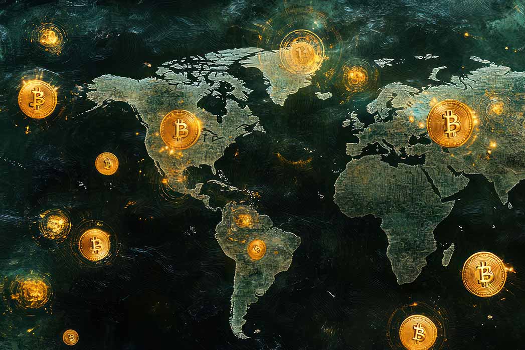 Global Cryptocurrency Network, Digital Currency Map, Worldwide Finance, Background, Technology, Illustration.