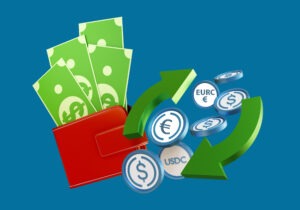 Crypto trading. Cryptocurrency USDC. Exchange dollars for USDC. Buying digital dollar. Exchange fiat currency for crypto. USDC money on blue.