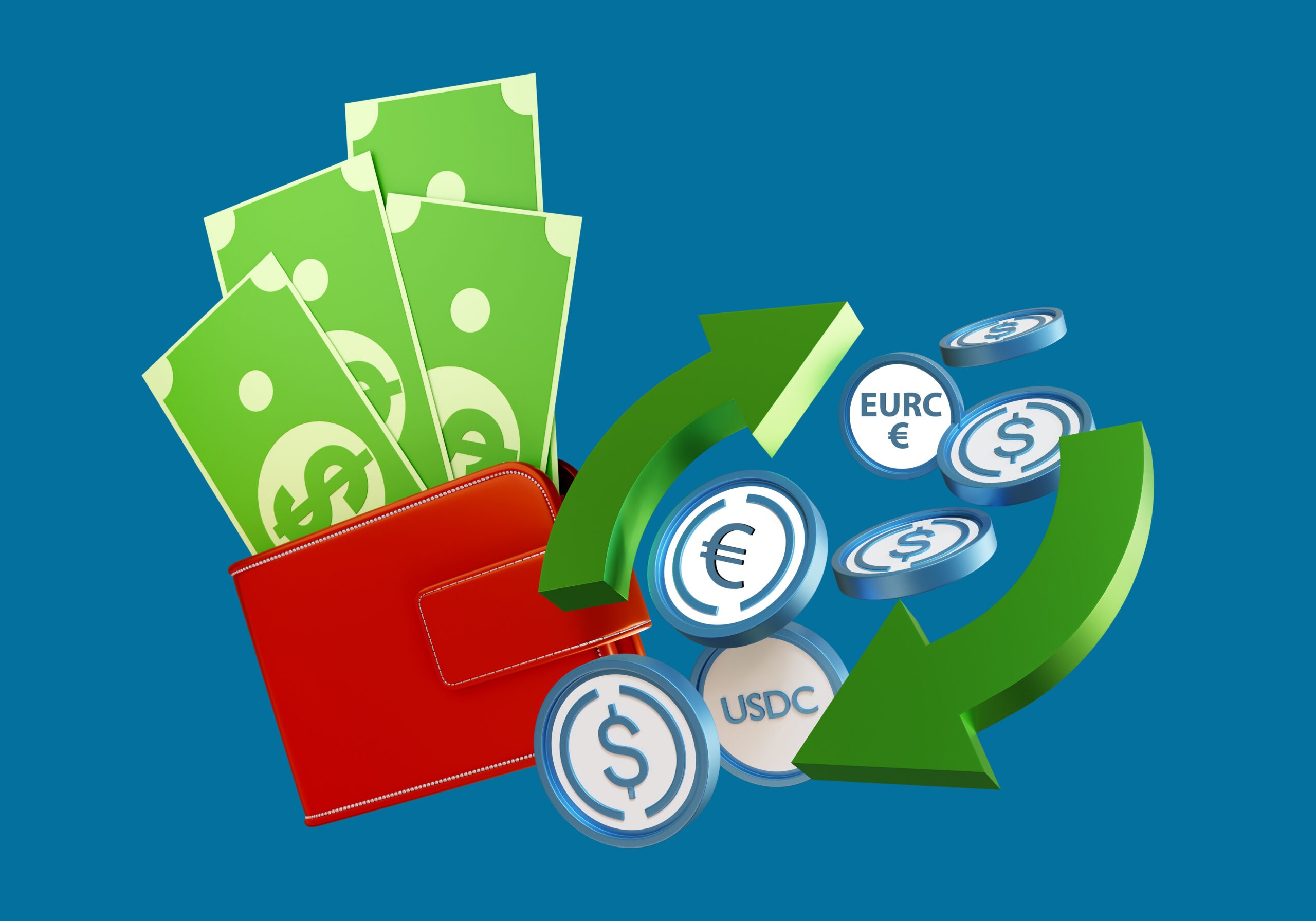 Crypto trading. Cryptocurrency USDC. Exchange dollars for USDC. Buying digital dollar. Exchange fiat currency for crypto. USDC money on blue.