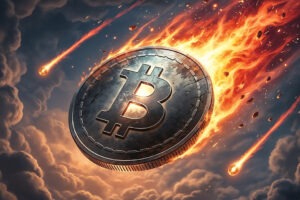 Bitcoin coin burning and falling through dark stormy sky.