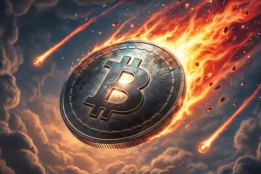 Bitcoin coin burning and falling through dark stormy sky.