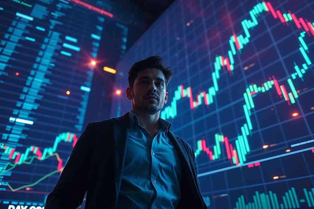 Confident Business Leader with Stock Market Visuals.