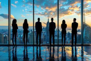 Standing in a row of business people in the high-rise office.
