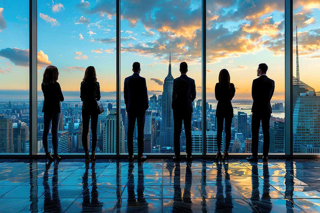 Standing in a row of business people in the high-rise office.