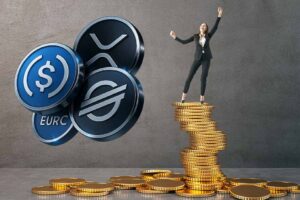 Businessman In a Suit Standing on a heap of Golden Coins Heap In a Gray Concrete Interior. Finance And Success.