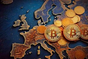 Bitcoin and cryptocurrency concept with a European map and physical Bitcoin coins.