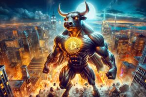 Bitcoin bull run - bullish portrait of bull with Bitcoin symbol, market concept.