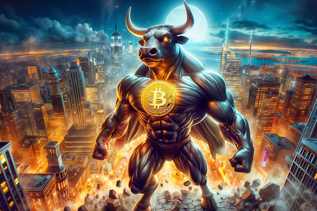 Bitcoin bull run - bullish portrait of bull with Bitcoin symbol, market concept.