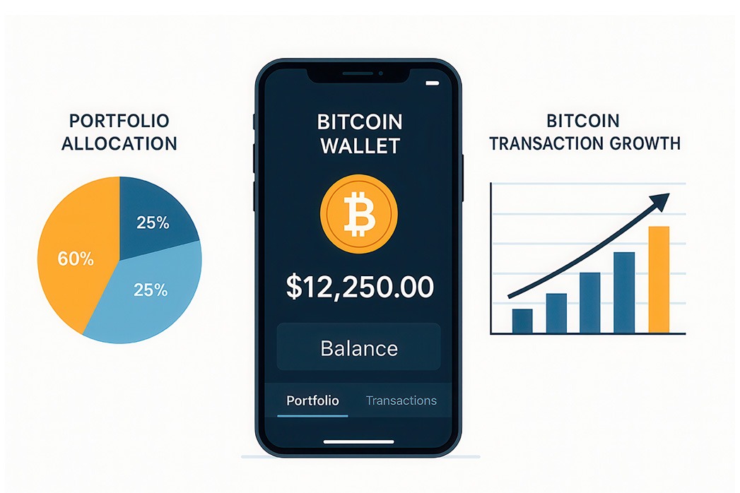 Bitcoin wallet mockup showcasing crypto portfolio allocation and transaction growth in a digital environment.