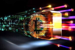 Cryptocurrency revolution bitcoin's speed in digital transactions cyber world graphic visualization futuristic viewpoint.