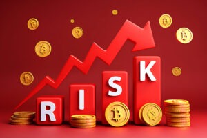 Red arrow graph with bitcoin coins and risk blocks cryptocurrency finance.