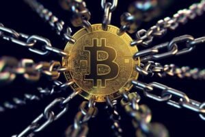 Bitcoin trapped with chains - as governments try to ban it. 3D rendering.