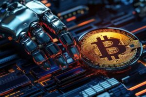 Robotic hand reaching for a Bitcoin on a circuit board.