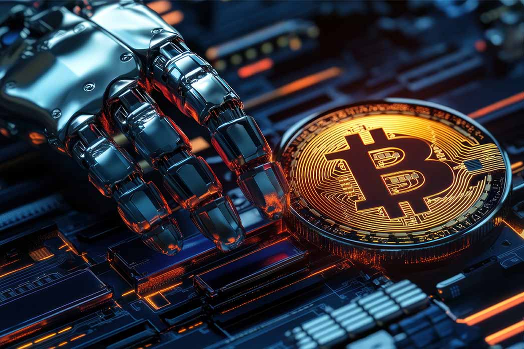 Robotic hand reaching for a Bitcoin on a circuit board.