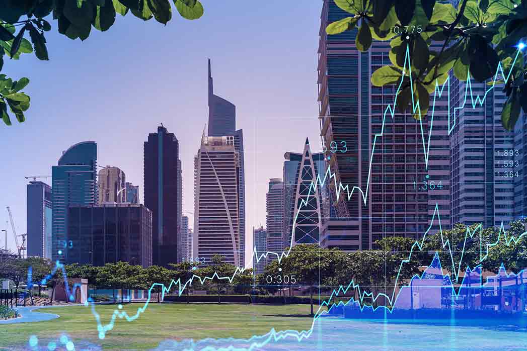 Panoramic view of steel and glass skyscrapers of Dubai Marina. Modern cityscape of the capital of the UAE. Financial services hub. FOREX graph and chart concept.